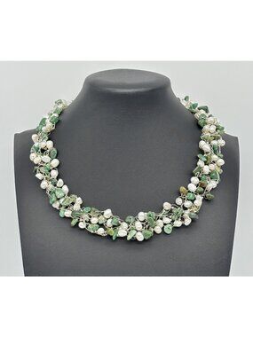 Artisan-Made Collar Necklace .999 Fine Silver W/Jade Chips And Freshwater Pearls